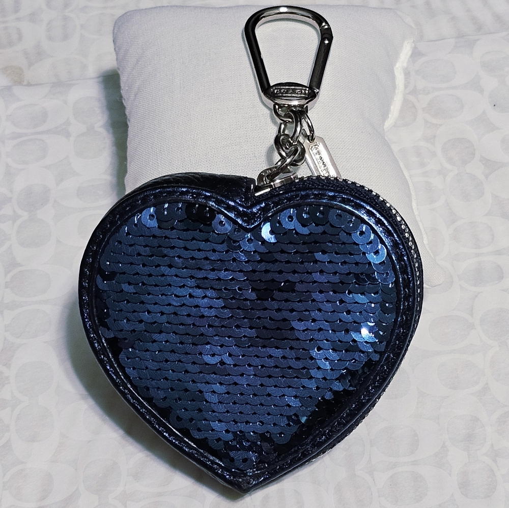 Coach Blue Poppy Sequins Heart Keychain Fob or a Bag Purse Tote Charm 💙 92748